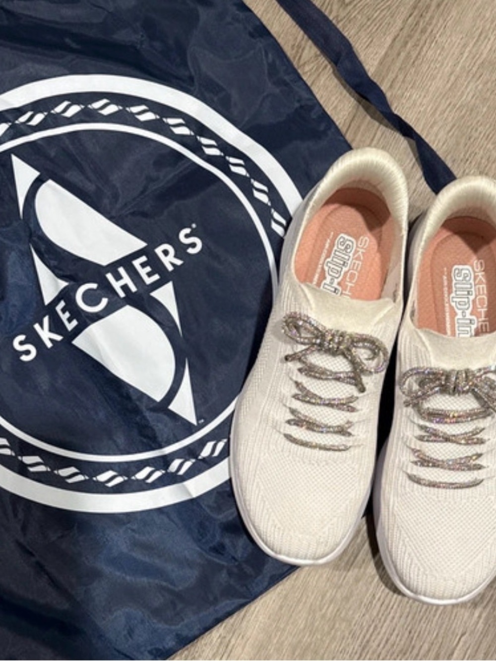 Skechers Women's Slip-On Knit Sneakers in White with Metallic Laces